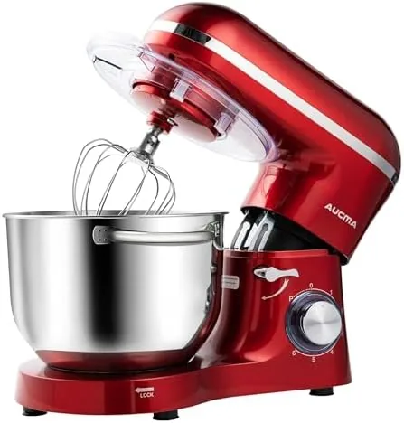 Aucma 6.5 quart tilt-head stand mixer in red on a kitchen counter