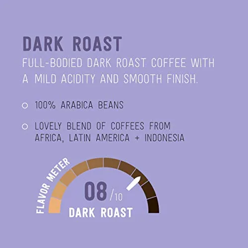 A freshly brewed cup of dark roast coffee next to the pod box