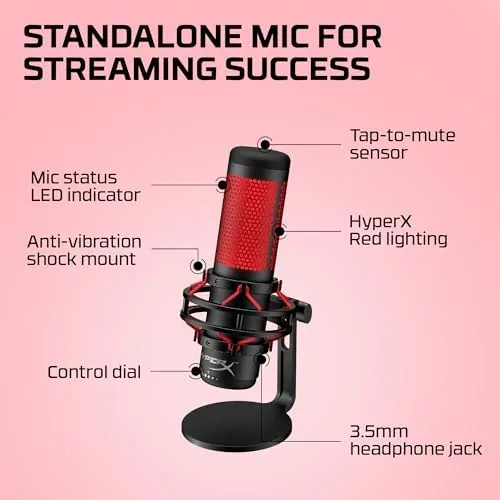 The HyperX QuadCast microphone unboxed with its USB cable and stand