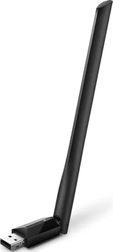 The TP-Link Archer T2U Plus USB Wi-Fi adapter with its antenna raised