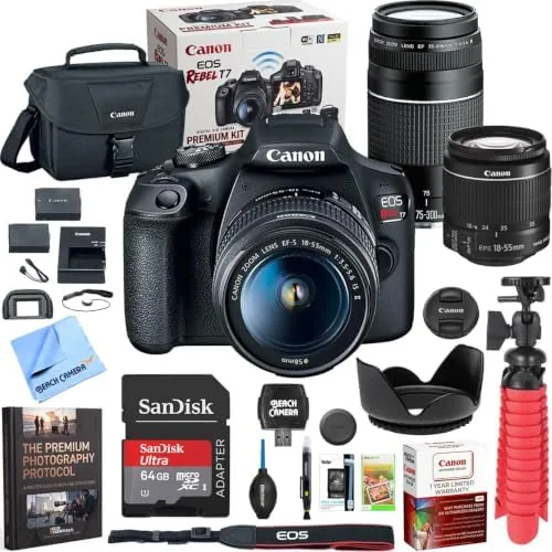 Canon EOS Rebel T7 with the 18-55mm lens attached, side view