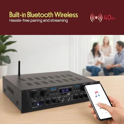 Detail shot of the Pyle 4-Channel Audio Amplifier with Bluetooth - Home Stereo Receiver features