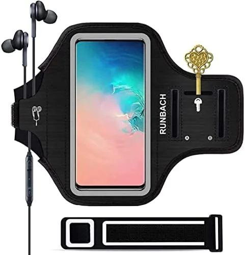 Black armband holding a Samsung Galaxy phone on an outstretched arm