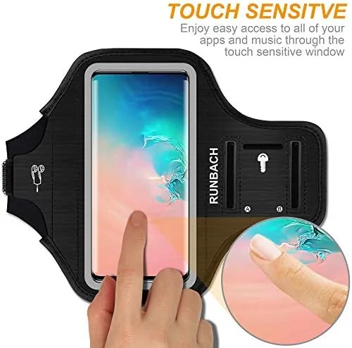 Phone visible through the clear touch window of the armband