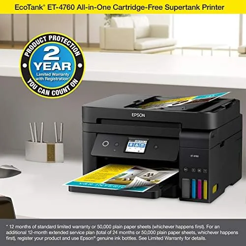 The Epson ET-4760 package with the printer and ink bottles
