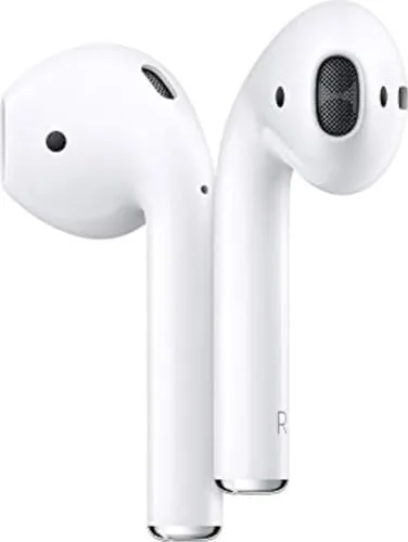 Apple AirPods sitting beside the white Lightning charging case