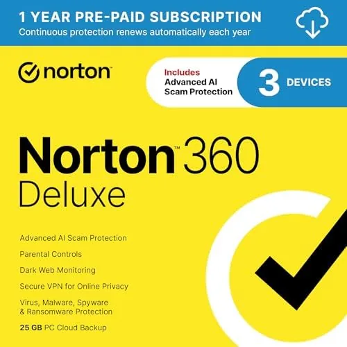 Norton 360 Deluxe dashboard showing a healthy green shield