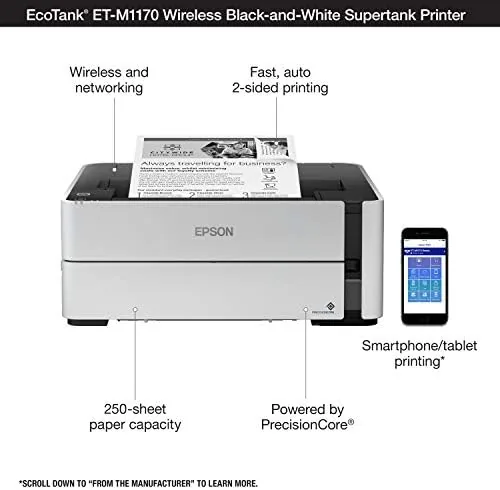 Another view of the Epson EcoTank ET-M1170 Wireless Monochrome Supertank Printer with Ethernet PLUS