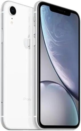 White Apple iPhone XR held up showing the front display