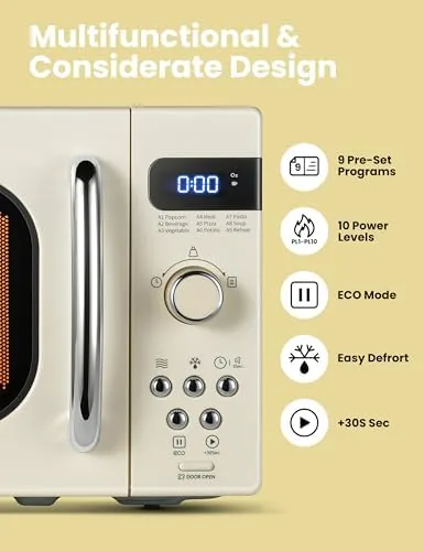 Chrome dials and control panel on the cream retro microwave