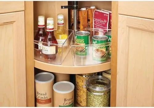A pantry shelf with the Oubonun bins in a neat row holding pantry goods