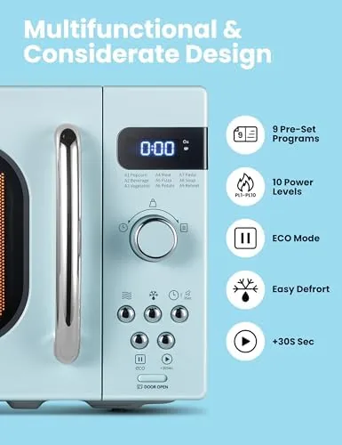 Chrome handle and control dials on the green retro microwave