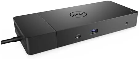The Dell WD19 docking station on a desk with a laptop cable connected