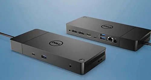 Close view of the WD19 port layout and upstream USB-C cable