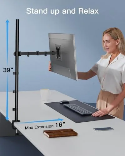 Another view of the HUANUO Single Monitor Arm with 39 inch Extra-Tall Pole, Adjustable