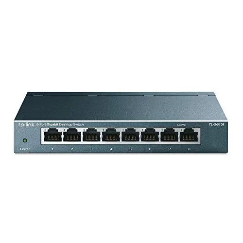 TP-Link TL-SG108 metal switch with eight ethernet ports facing the camera