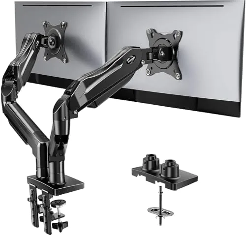 HUANUO FlowLift dual monitor arm with two monitors mounted on a desk
