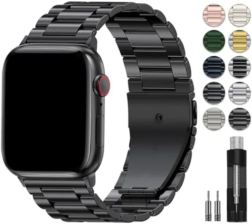 The EPULY stainless steel band attached to an Apple Watch on a desk