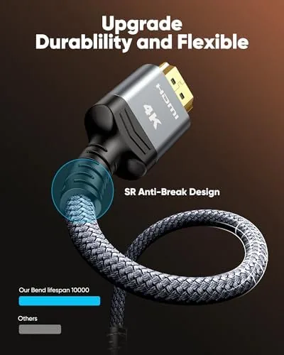 The HDMI cable connected between a 4K TV and a soundbar on a media console