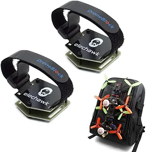 An FPV quadcopter hanging from a backpack strap using the lock mount