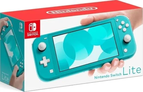 A Nintendo Switch Lite Turquoise resting on a table in handheld mode