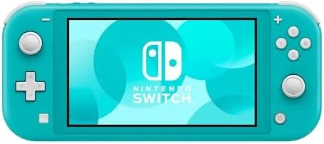 The Switch Lite Turquoise being played on an airplane tray table