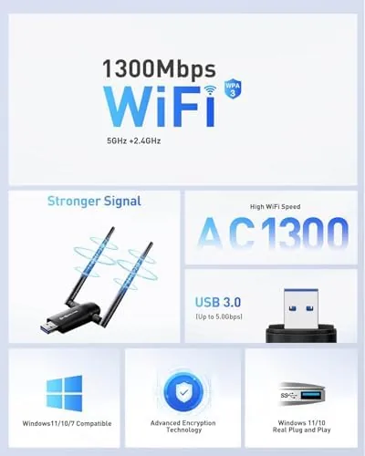 Detail shot of the Nineplus Wireless USB WiFi Adapter for PC - 1300Mbps Dual features