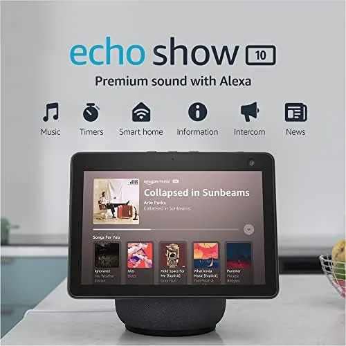 The Amazon Echo Show 10 charcoal model standing on its motorized base in a kitchen
