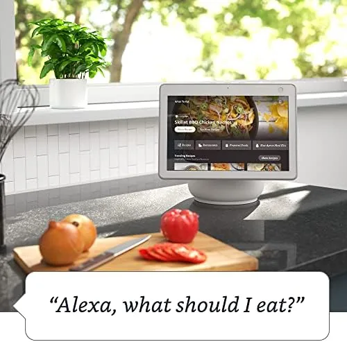 The Echo Show 10 showing a smart home dashboard with lights and a thermostat tile