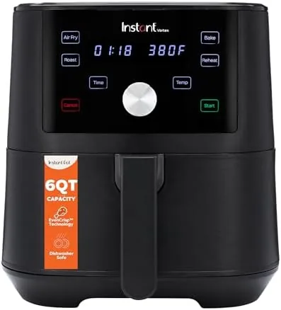 Instant Pot Vortex 6 QT XL air fryer in black on a kitchen counter