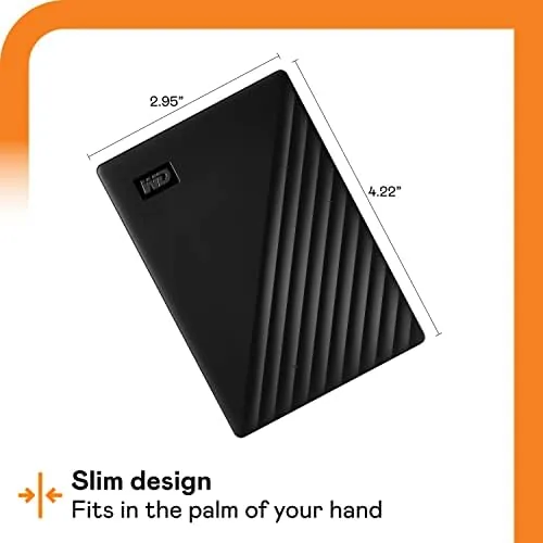 Detail shot of the WD 5TB My Passport, Portable External Hard Drive, Black, backup features