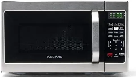 Farberware 0.7 cu ft stainless steel countertop microwave on a kitchen counter