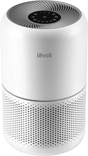 Front view of the LEVOIT Core 300 air purifier in white on a nightstand