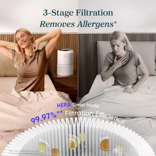 LEVOIT Core 300 air purifier running in the corner of a pet-friendly bedroom
