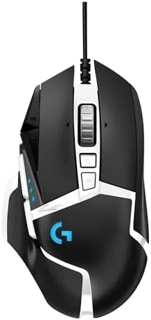 The Logitech G502 Hero Special Edition black and white gaming mouse on a desk