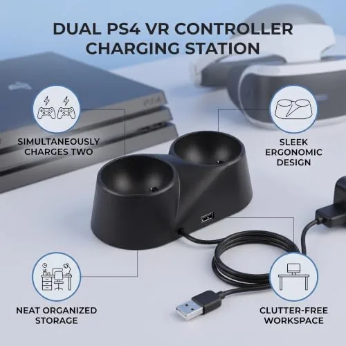 Both VR controllers docked and charging with LEDs lit