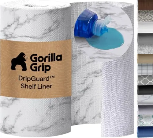 The Gorilla Grip DripGuard shelf liner roll unrolled across a kitchen counter
