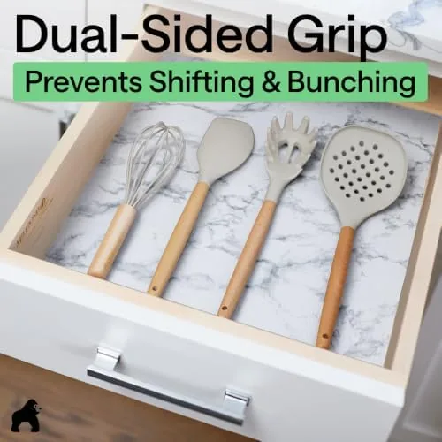 The DripGuard liner beside an adhesive vinyl liner and rigid shelf mats for comparison