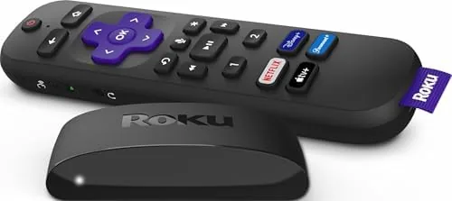 The Roku Express streaming device with its simple remote beside a television