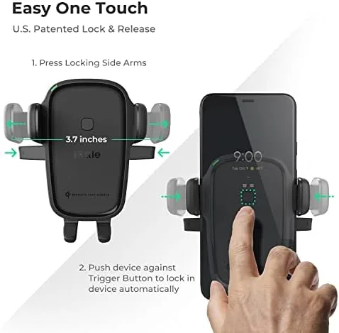 Close up of the one-touch side arms and the Qi charging pad on the cradle