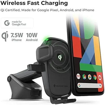A phone charging on the mount with the cable routed down the telescoping arm