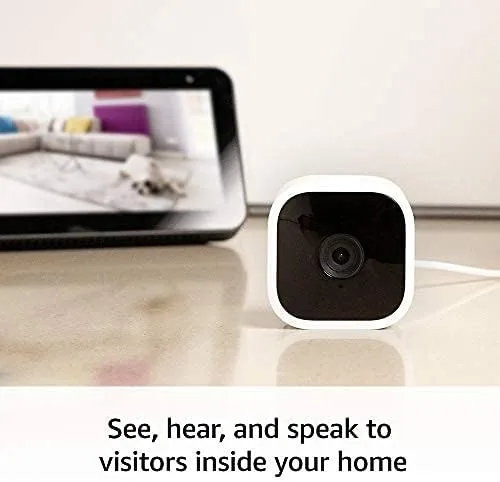 The Blink app live view showing a daytime feed of a living room with a person in frame