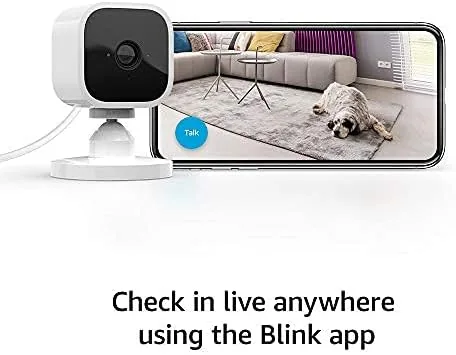 The Blink Mini standing on a bookshelf with the camera tilted toward a doorway