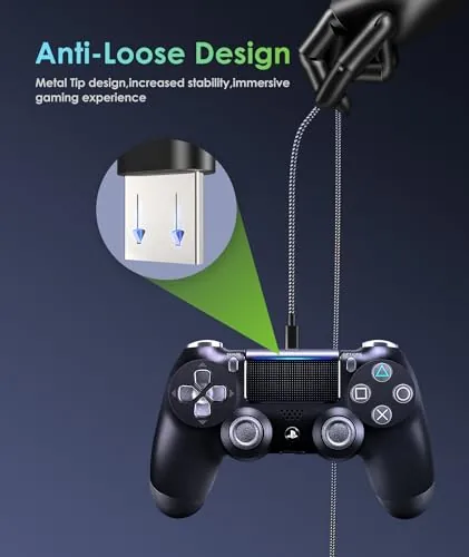 A gamer relaxing on a couch while playing with the controller connected to a charging cable