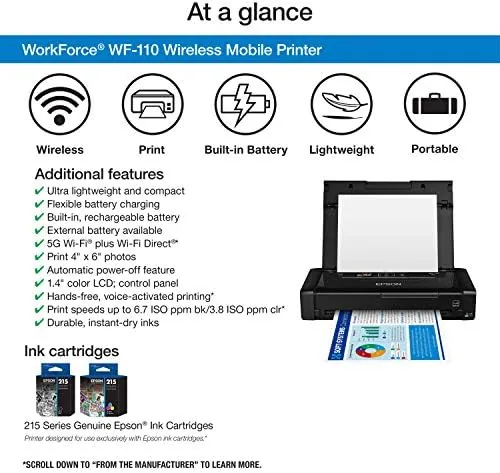 Close look at the Epson Workforce WF-110 Wireless Color Mobile Printer,White, Small,Black | Portable build quality