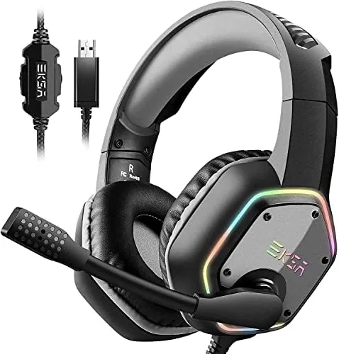 The EKSA E1000 gaming headset on a desk showing its RGB lit ear cups