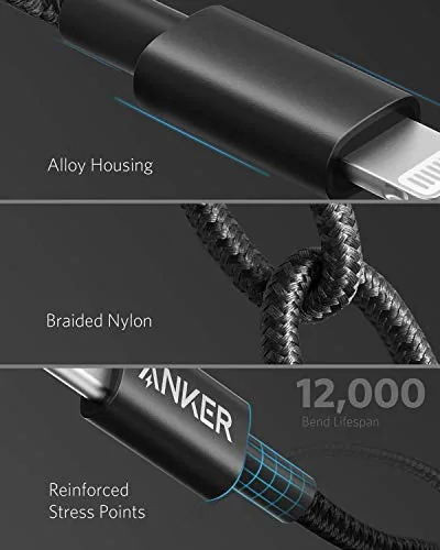 Anker nylon cable next to a thinner stock iPhone cable for comparison