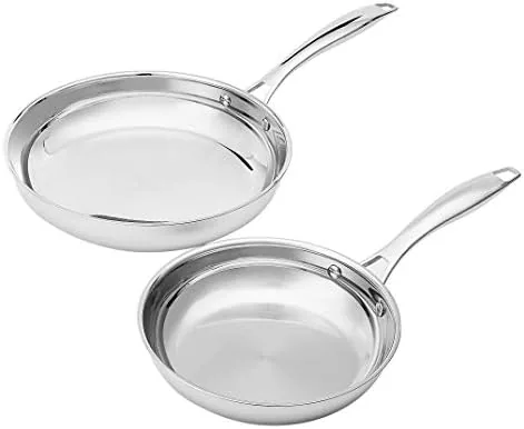 Amazon Basics stainless steel frying pan set with the 8 inch and 10 inch skillets