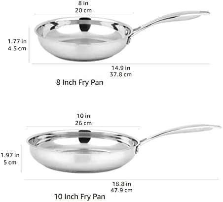Amazon Basics 10 inch skillet next to a premium stainless pan for comparison