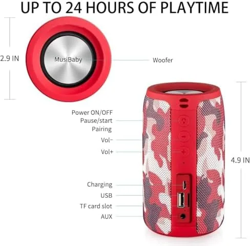 Close look at the Musibaby M68 Compact Outdoor Speaker, IPX5, Camo Red | Bluetooth build quality